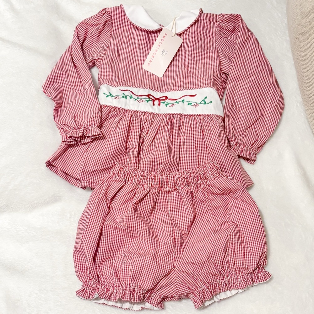 Smockingbird Christmas Matching Bloomer Set - Red Plaid Smocking 2T